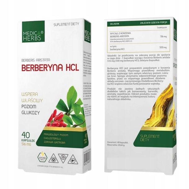 Berberyna HCL 500mg 40Kapsułek Medica Herbs ERLI pl