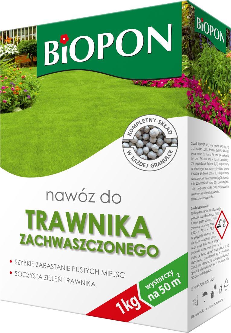 NAWÓZ DO TRAWY Z CHWASTAMI NA TRAWNIK ZACHWASZCZONY BIOPON 1kg na 50m²