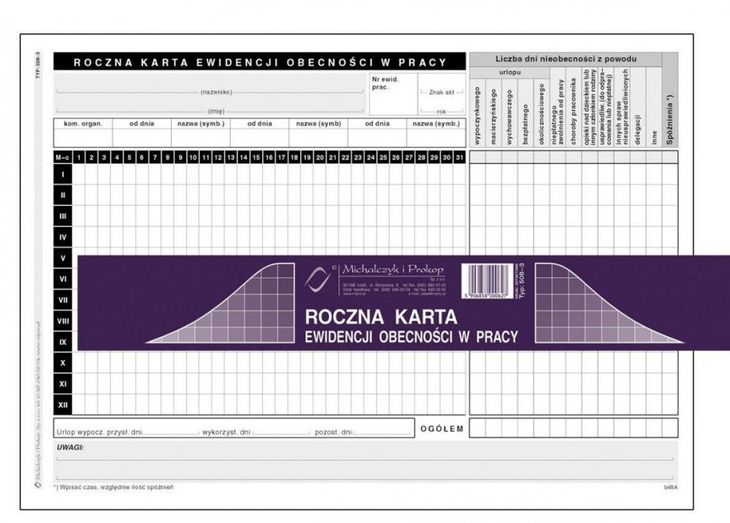 Druk Akcydensowy Roczna Karta Ewidencji Obecno Ci W Pracy Mip A