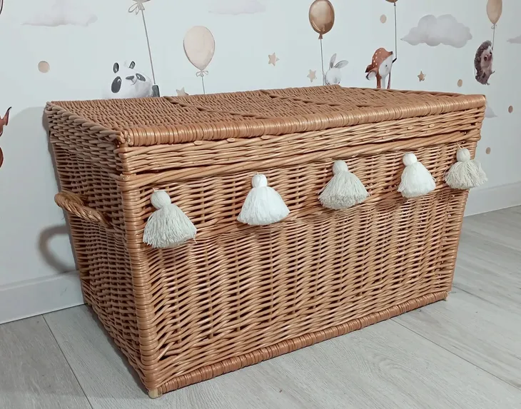 Duży kufer wiklinowy NATURALNY kosz na zabawki 80cm +frędzle