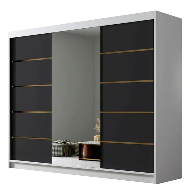 Szafa przesuwna AMBER VI z lustrem 250cm - pojemna garderoba - BIAŁY/CZARNY