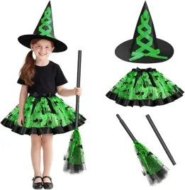 kostium-czarownicy-dziewczynka-tutu-kapelusz-miotla-halloween-zielony