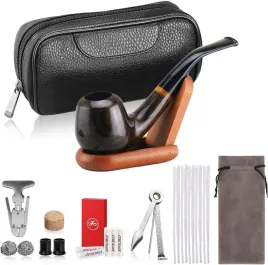 luksusowa-fajka-do-tytoniu-hebanowa-zestaw-skorzana-torba-stojak