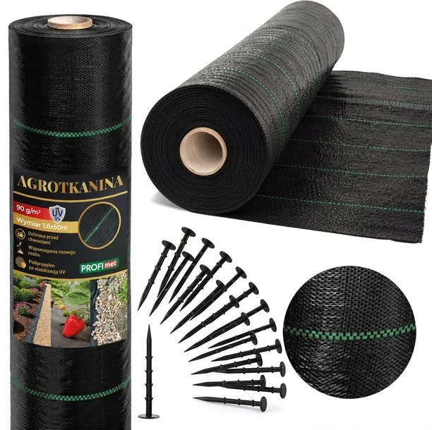 AGROTKANINA CZARNA 1,6×50m 90 g/m2 Agrowłóknina antychwastowa UV + Kotwy