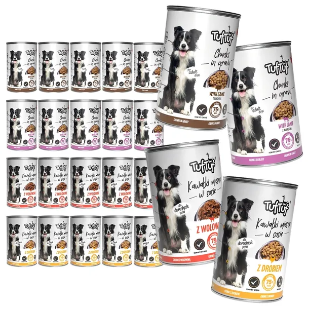 MOKRA KARMA DLA PSA TufTuf puszka kawałki mięsne MIX SMAKÓW ZESTAW 24x415g