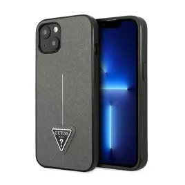guess-saffiano-triangle-logo-case-etui-iphone-14-plus-srebrny