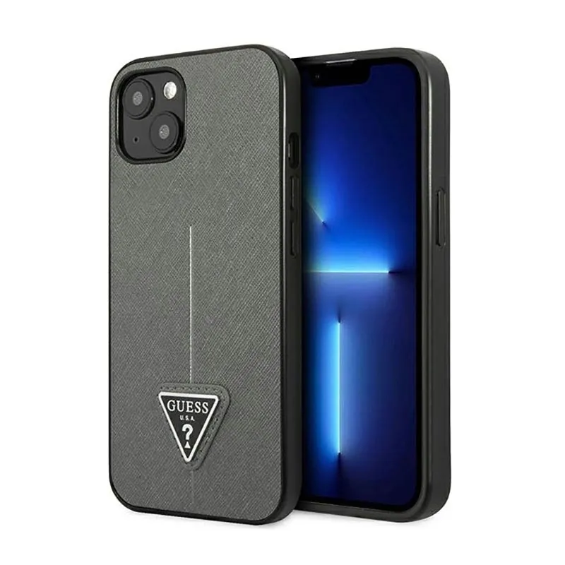 guess-saffiano-triangle-logo-case-etui-iphone-14-plus-srebrny
