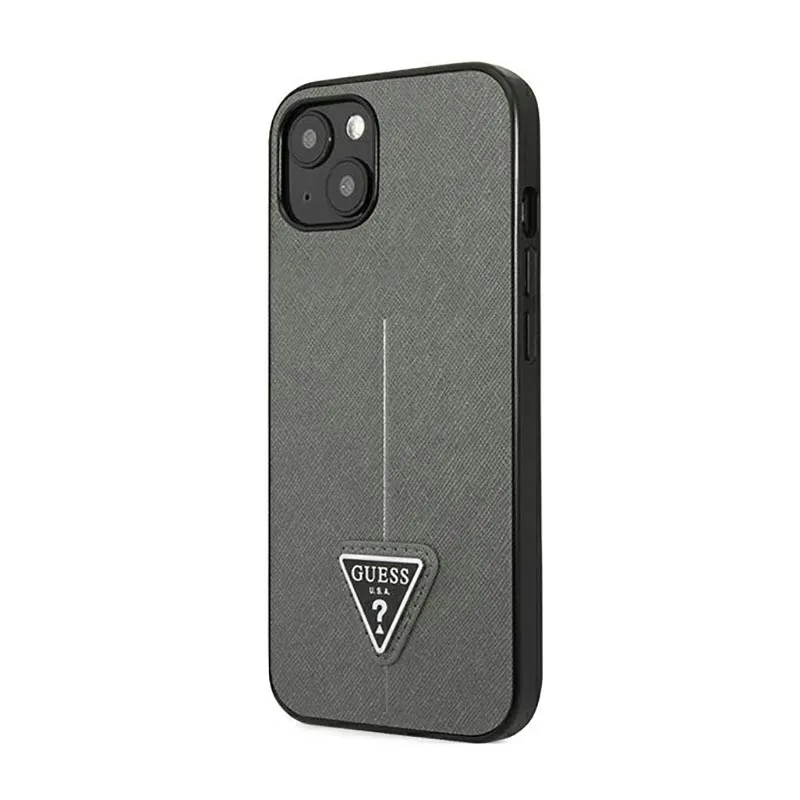 guess-saffiano-triangle-logo-case-etui-iphone-14-plus-srebrny