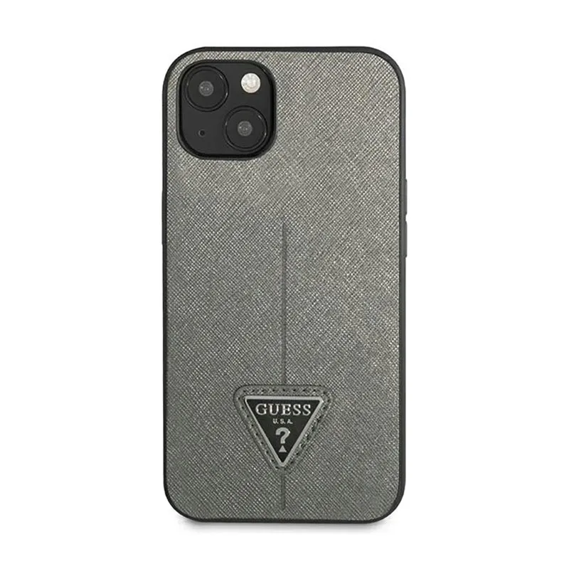 guess-saffiano-triangle-logo-case-etui-iphone-14-plus-srebrny