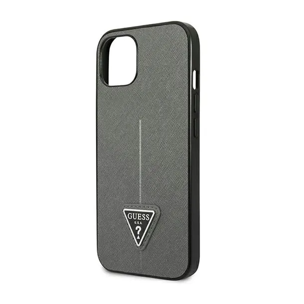 guess-saffiano-triangle-logo-case-etui-iphone-14-plus-srebrny-rozszerzenie-podstawka