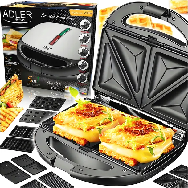 Opiekacz do Kanapek Toster Grill Gofrownica Orzeszki 5w1 Adler 1200W AD3040