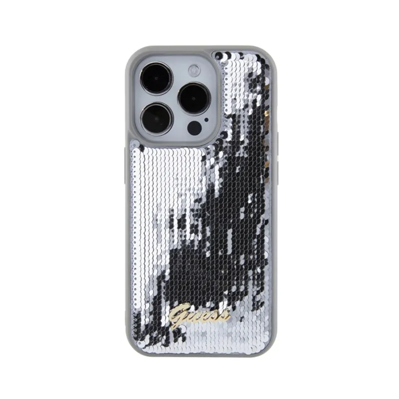 guess-sequin-script-metal-etui-iphone-15-pro-srebrny