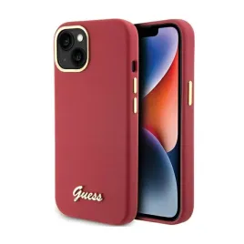 guess-silicone-script-metal-logo-and-frame-etui-iphone-15-magenta