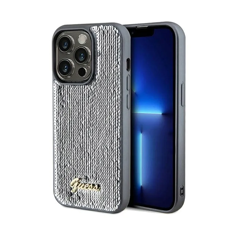 guess-sequin-script-metal-etui-iphone-14-pro-max-srebrny