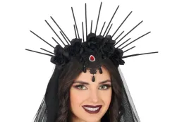 opaska-czarna-korona-z-kwiatami-kamienie-woalka-halloween