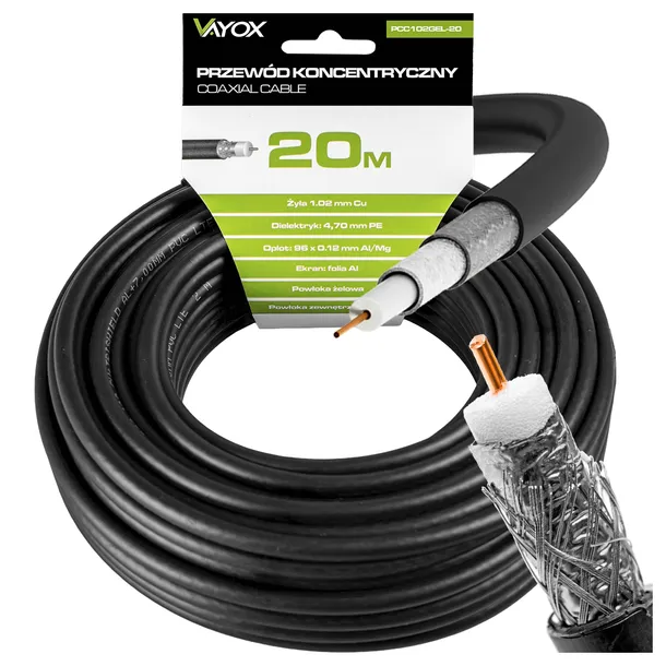 KABEL ANTENOWY KONCENTRYCZNY CZARNY ŻEL Cu PRZEWÓD ZEWNĘTRZNY ZIEMNY 4K 20M