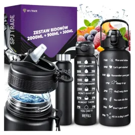 butelka-motywacyjna-zestaw-bidon-sportowy-z-miarka-2l-900ml-300ml-czarny