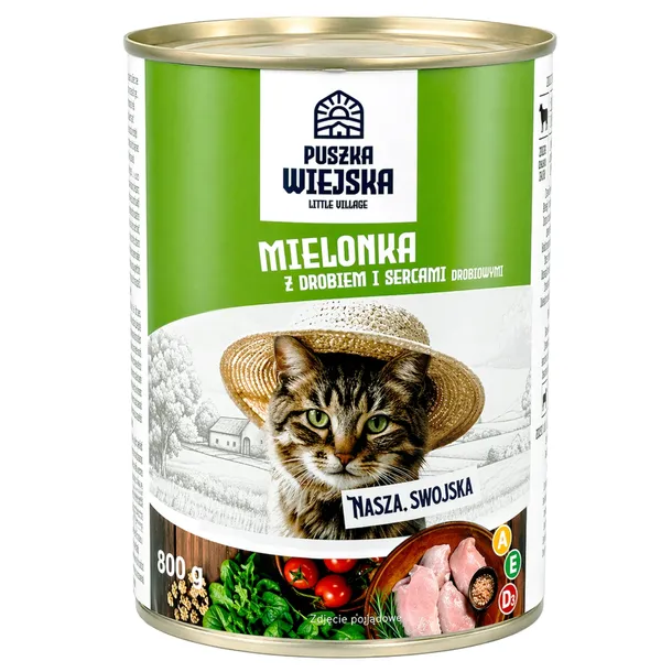 PUSZKA WIEJSKA mokra karma dla kota Drób z Sercami puszka 800g Bezzbożowa