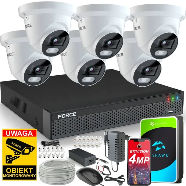 FORCE Zestaw monitoringu 6x Kamera IP 4MPx 2K Aplikacja DYSK 1TB