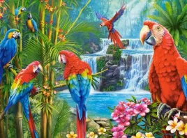 puzzle-2000-ukladanka-kwiaty-dzungla-papugi-ptaki-wodospad-bambus-9-castor