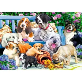 puzzle-1000-ukladanka-zwierzeta-pies-psy-szczeniaki-ogrod-lawka-12-trefl