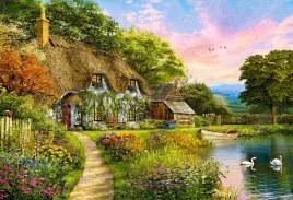 puzzle-1500-ukladanka-widok-dom-chata-jezioro-wies-kwiaty-las-9-castor