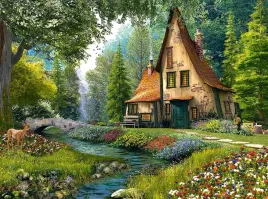 puzzle-2000-ukladanka-krajobraz-widok-domek-w-lesie-kwiat-rzeka-most-castor