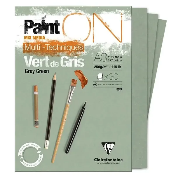 Blok klejony A3 Paint ON Grey Green      30ark. 250g., Clairefontaine