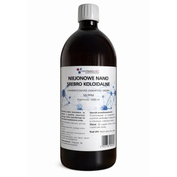 Niejonowe NANO SREBRO KOLOIDALNE Ag 50 ppm Hadwao 1000ml