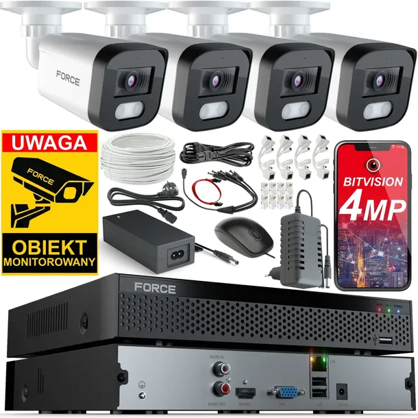 FORCE Zestaw monitoringu 4x Kamera IP 4MPx 2K Rejestrator 8CH Aplikacja