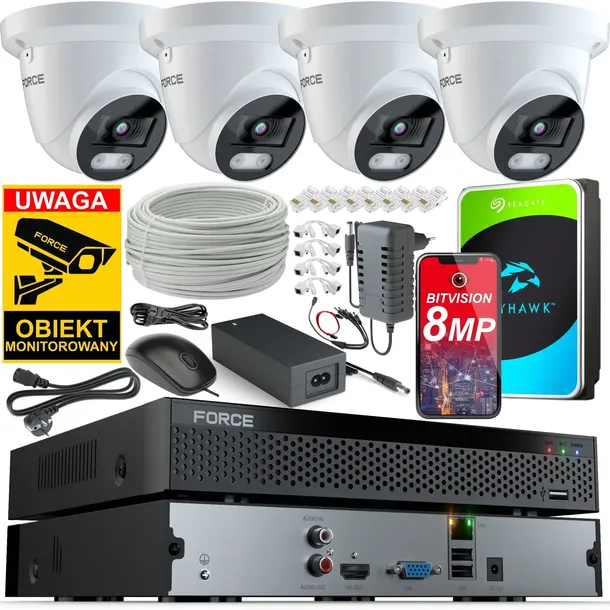 FORCE Zestaw monitoringu 4x Kamera IP 8MPx 4K Aplikacja DYSK 1TB
