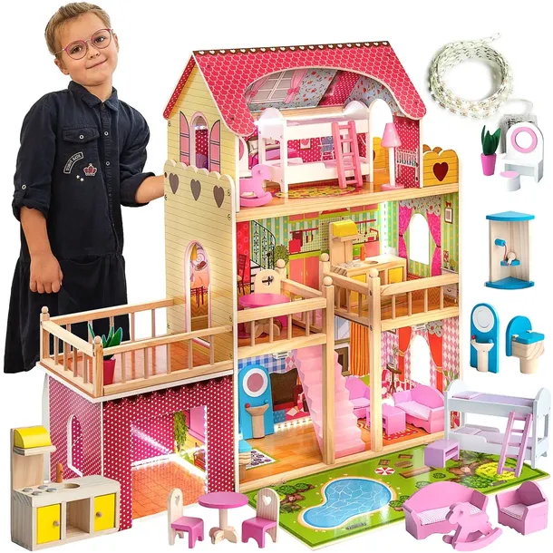 DREWNIANY DOMEK DLA LALEK Z GARAŻEM KINDERPLAY ŚWIATŁO LED OGRÓD MEBELKI