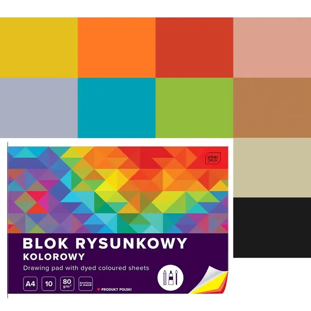 BLOK RYSUNKOWY KOLOROWY, A4, 10 KARTEK, 80g, INTERDRUK