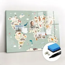 szklana-tablica-magnetyczna-nad-biurko-magnesy-zwierzeca-mapa-swiata-100x70