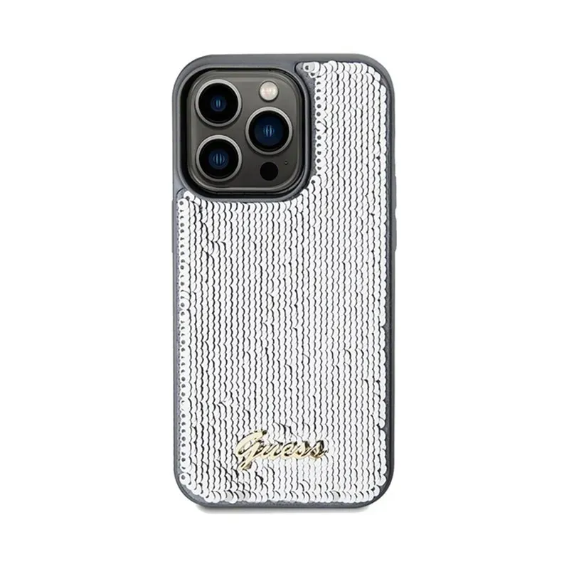 guess-sequin-script-metal-etui-iphone-14-pro-srebrny-stan-nowy