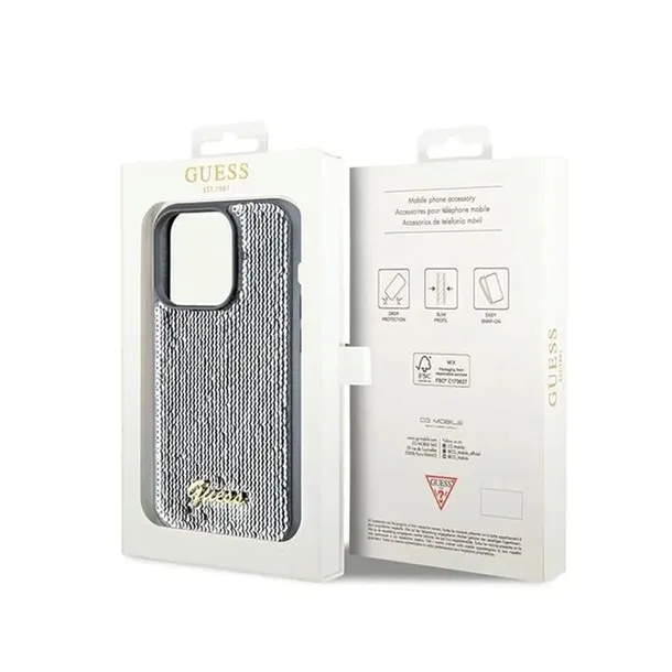 guess-sequin-script-metal-etui-iphone-14-pro-srebrny-stan-nowy