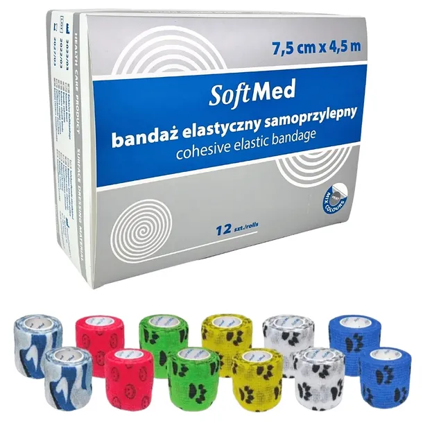 Bandaż kohezyjny samoprzylepny elastyczny MIX wzorów 7,5cm x 4,5m 12SZT!