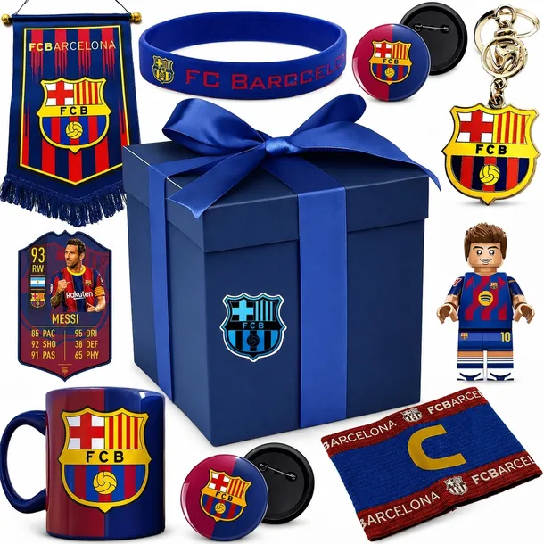 DUŻY ZESTAW KIBICA FC BARCELONA XXL PREZENTOWY 21EL. KLOCKI BRELOK KOSZULKA