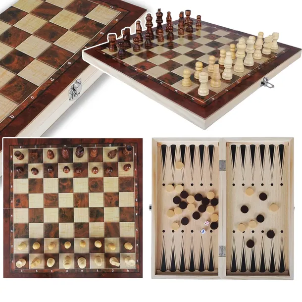 SZACHY DREWNIANE WARCABY TRYKTRAK GRA 3w1 KLASYCZNA PLANSZOWA DUŻE 34CM