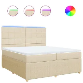 lozko-kontynentalne-200x200-cm-kremowe-z-led-materac-sprezynowy-i-top