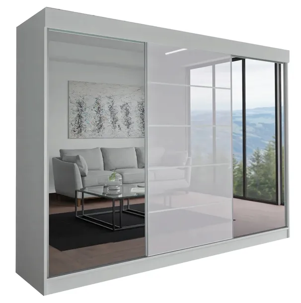 SZAFA MILAN - 3D 210 CM - BIAŁA ( 1x LACOBEL ) - garderoba z lustrem
