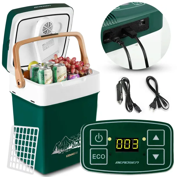 LODÓWKA TURYSTYCZNA SAMOCHODOWA 12V/230V USB 29L ZIELONA funkcja grzania