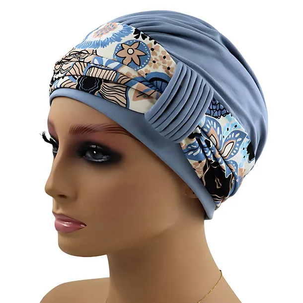 Turban bambusowy z pętelką po chemioterapii niebieski z wzorem Nathalie