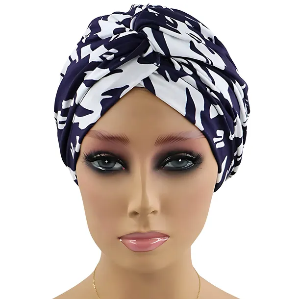 Turban czapka po chemioterapii z bambusu przeplatany granatowo-biały Clara