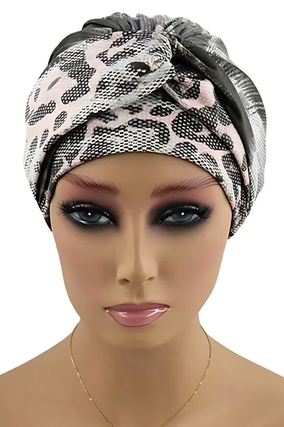 Turban przeplatany gotowy do nałożenia szaro-różowy skóra węża Nicoletta