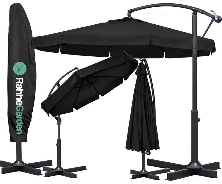PARASOL ogrodowy 350cm SKŁADANY z WYSIĘGNIKIEM FALBANĄ + POKROWIEC czarny