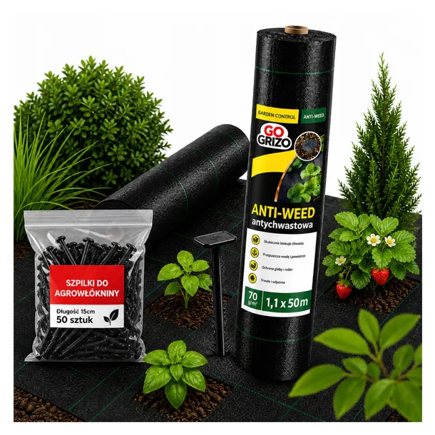 AGROTKANINA ANTYCHWASTOWA 1,1x50M 70G AGROWŁÓKNINA CZARNA MOCNA + SZPILKI