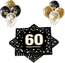 balony-60-urodziny-serwetki-zestaw-czarno-zlote