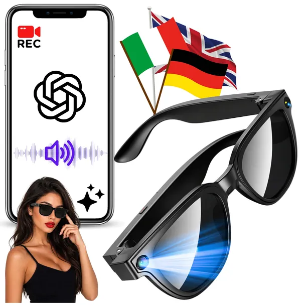 Inteligentne Okulary z Kamerą AI CHAT GPT Mikrofonem Tłumaczenie LIVE Etui