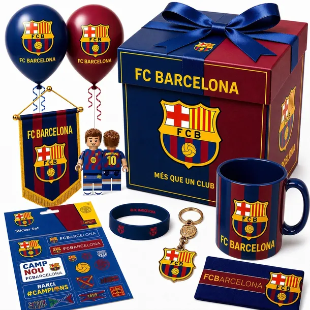 DUŻY ZESTAW KIBICA FC BARCELONA XXL PREZENTOWY 21EL. KLOCKI BRELOK KOSZULKA